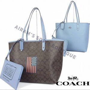Coach Rever City Tote Signed PVC Flag Brown Blue